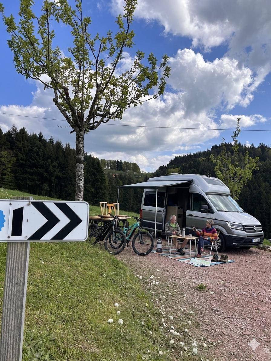 Paar am Picknicktisch neben dem Camper auf Stellplatz 1