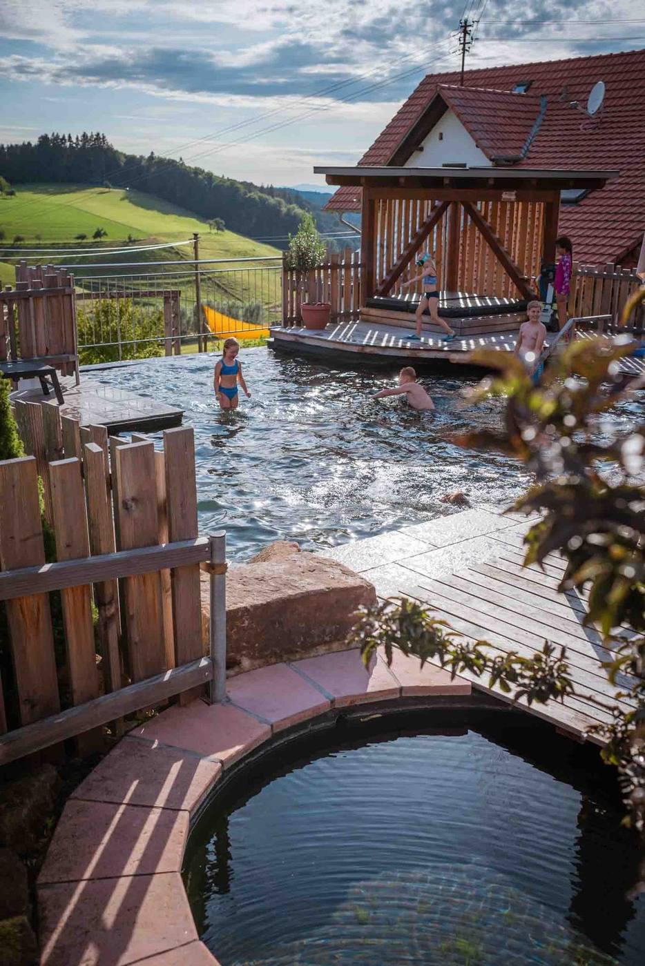 Kinder planschen im Naturpool bei herrlichem Wetter