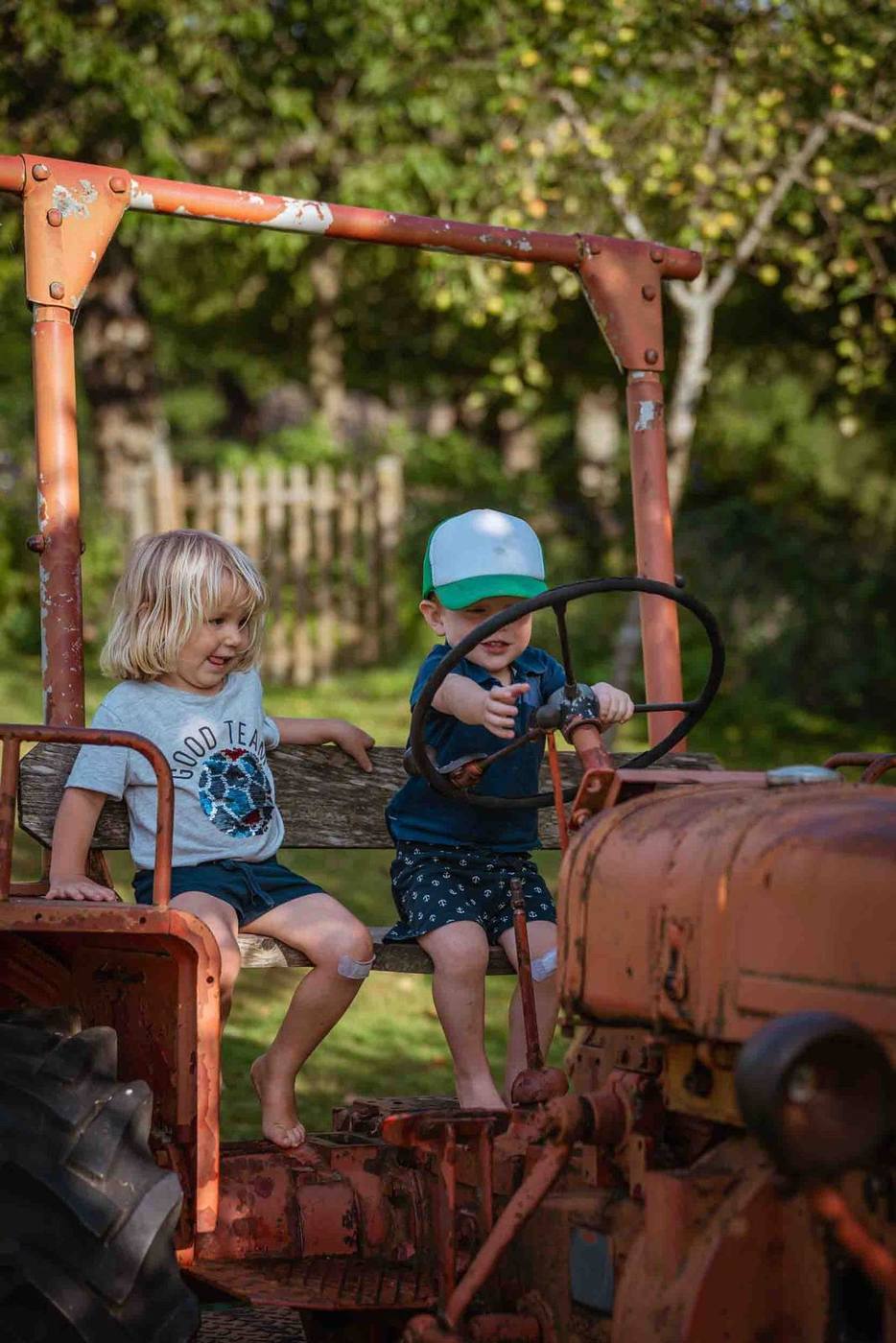 Zwei glückliche Kinder auf dem Traktor