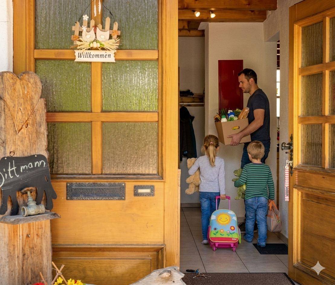 Familie im Flur des Ferienhauses Rose
